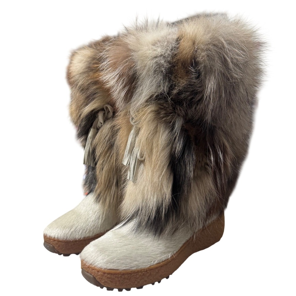 Plush Fur-Trim Winter Boots in Brown and Cream